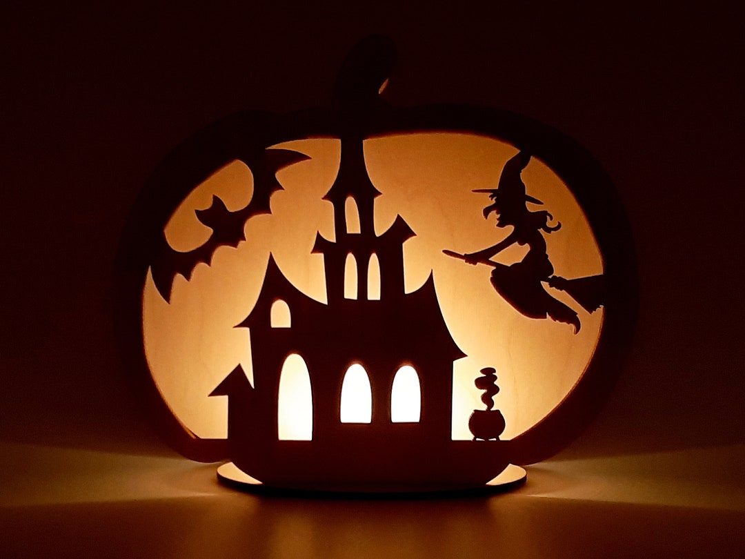 Witch Candle Holder With Halloween Ornaments, Wooden Jack O Lantern