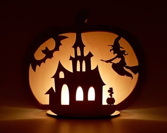 Hexe Kerzenhalter mit Halloween Verzierungen, Holz Jack O Lantern Kürbisform, Horror Nacht Kerzenhalter Teelicht