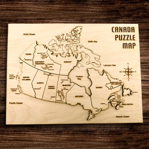 Carte puzzle du Canada découpée au laser, jouet éducatif en bois pour enfants, géographie, décoration de maison de carte de pays gravée, accent national rustique pour la maison