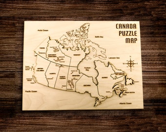 Laser cut puzzle map of Canada, Educational geography kid toy of wood, Engraved country map home decoration,  Rustic national home accent