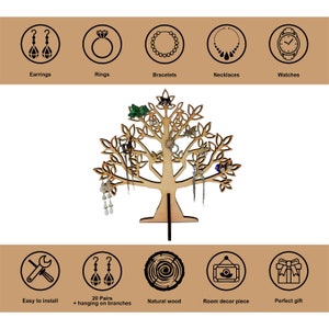 Features of the jewelry holder tree:
Made of natural wood;
Gift for her;
Holds 19 pairs of earrings + additional jewelry can be hung on branches;
Two different sizes;
Home decoration.