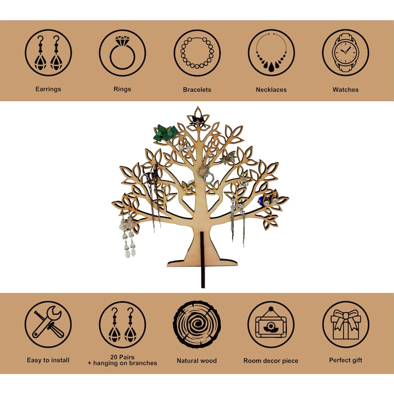 Features of the jewelry holder tree:
Made of natural wood;
Gift for her;
Holds 19 pairs of earrings + additional jewelry can be hung on branches;
Two different sizes;
Home decoration.