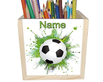 Fußball Holz Stiftebox personalisiert z.B. mit Name und Schriftartwahl | 10x10x10cm | Stiftehalter | Schreibtischorganizer