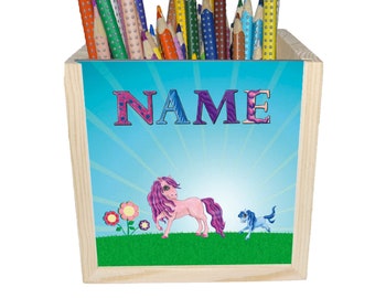 Pony wooden pen box personalized e.g. B. with name and font choice | 10x10x10cm | Pen holder | Desk organizer
