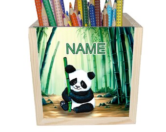 Panda wooden pen box personalized e.g. B. with name and font choice | 10x10x10cm | Pen holder | Desk organizer