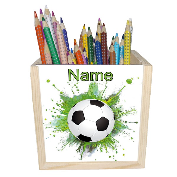 Fußball Holz Stiftebox personalisiert z.B. mit Name und Schriftartwahl | 10x10x10cm | Stiftehalter | Schreibtischorganizer