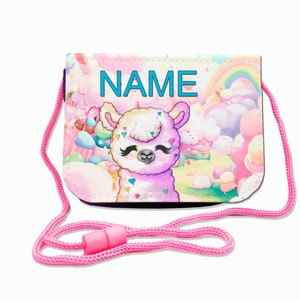 Kinder Brustbeutel mit Name / Alpaka im Zuckerwatteland / Klettverschluss Schnur Klarsichtfach / personalisierbar / Geldbörse zum Umhängen