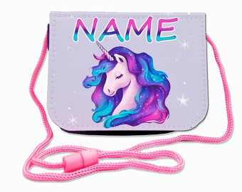 Children's chest bag with name / Galaxy unicorn / Velcro fastener cord, transparent compartment / customizable / wallet for hanging around the neck / wallet