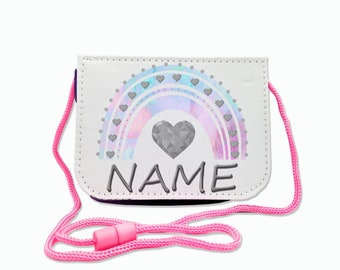 Children's chest bag with name / rainbow pastel / Velcro cord transparent compartment / customizable / purse for hanging around your neck