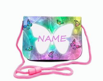 Children's chest bag with name / butterflies / Velcro cord transparent compartment / customizable / wallet for hanging around the neck / wallet