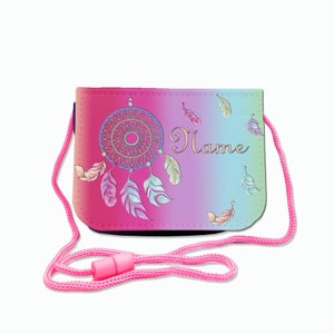 Kinder Brustbeutel mit Name / Traumfänger / Klettverschluss Schnur Klarsichtfach / personalisierbar  / Geldbörse zum Umhängen / Geldbeutel