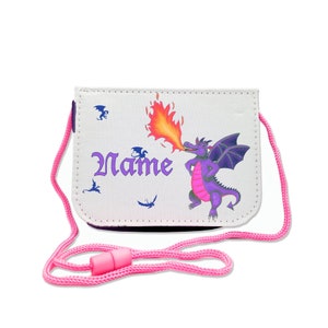 Kinder Brustbeutel mit Name / lila Drache / Klettverschluss Schnur Klarsichtfach / personalisierbar / Geldbörse zum Umhängen / Geldbeutel