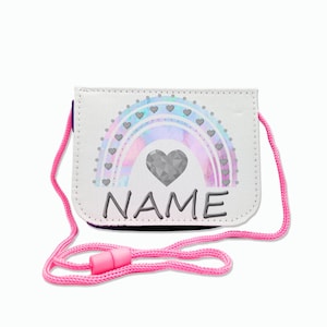 Kinder Brustbeutel mit Name / Regenbogen pastell / Klettverschluss Schnur Klarsichtfach / personalisierbar / Geldbörse zum Umhängen