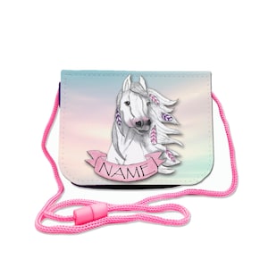 Kinder Brustbeutel mit Name / Pferd / Klettverschluss Schnur Klarsichtfach / personalisierbar / Geldbörse zum Umhängen / Geldbeutel