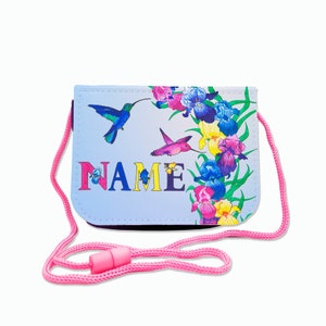 Kinder Brustbeutel mit Name / Kolibri / Klettverschluss Schnur Klarsichtfach / personalisierbar / Geldbörse zum Umhängen / Geldbeutel