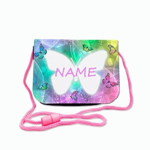 Kinder Brustbeutel mit Name / Schmetterlinge / Klettverschluss Schnur Klarsichtfach / personalisierbar / Geldbörse zum Umhängen / Geldbeutel