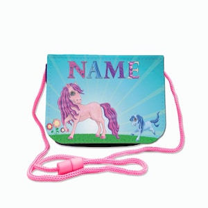 Kinder Brustbeutel mit Name / Pony / Klettverschluss Schnur Klarsichtfach / personalisierbar / Geldbörse zum Umhängen / Geldbeutel