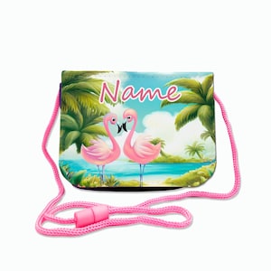 Kinder Brustbeutel mit Name / Flamingo / Klettverschluss Schnur Klarsichtfach / personalisierbar / Geldbörse zum Umhängen / Geldbeutel