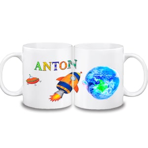 Tasse Rakete mit Name aus Keramik oder Kunststoff / Raumschiff / Kindertasse / Ufo / mit Namen / Weltraum/ Weltall / Astronaut