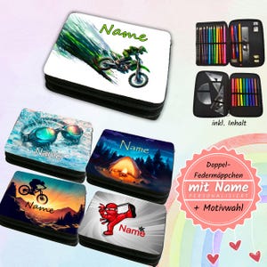 Könnte beinhalten: Eine Auswahl an personalisierten Federmäppchen mit verschiedenen Designs: ein Motocross-Fahrer, Schwimmbrille, eine Lagerfeuerszene, ein Radfahrer und ein Ninja. Jedes Etui trägt den Namen "Name".