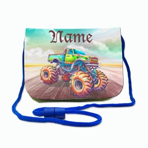 Kinder Brustbeutel mit Name / Monstertruck / Klettverschluss Schnur Klarsichtfach / personalisierbar / Geldbörse zum Umhängen / Geldbeutel