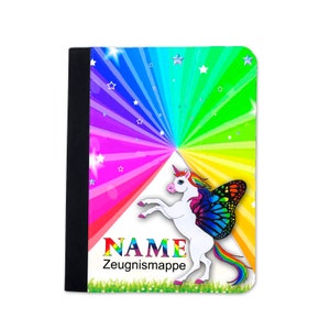 Einhorn Zeugnismappe personalisiert | Zeugnismappe Mädchen | Zeugnismappe mit Namen | Urkundenmappe Regenbogen Pegasus