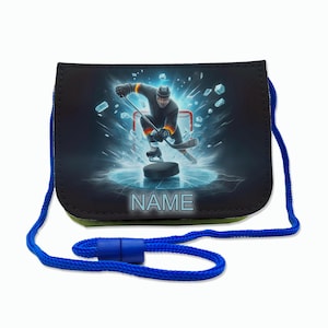 Kinder Brustbeutel mit Name / Eishockey / Klettverschluss Schnur Klarsichtfach / personalisierbar / Geldbörse zum Umhängen