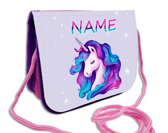 Children's chest bag with name / Galaxy unicorn / Velcro fastener cord, transparent compartment / customizable / wallet for hanging around the neck / wallet