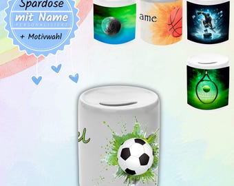 Spardose mit Name | personalisierbare Sparbüchse | Sparschwein mit Motiv Fußball Basketball Handball Tennis Eishockey