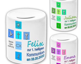 Personalized money box with name, occasion, date, saying and "From" | Gift for baptism, communion, confirmation or confirmation | 3 colors