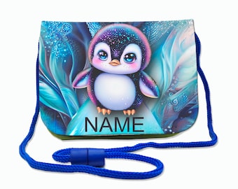 Children's chest bag with name / penguin / Velcro fastener cord, transparent compartment / customizable / wallet for hanging around the neck / wallet