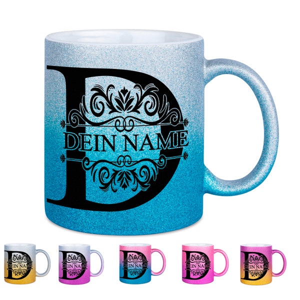 Glitzer Tasse beidseitig mit Namen / 2-farbig / 6 verschiedene Farben / Namenstasse  /mit Name / Glitzertasse Glitzer Buchstabe