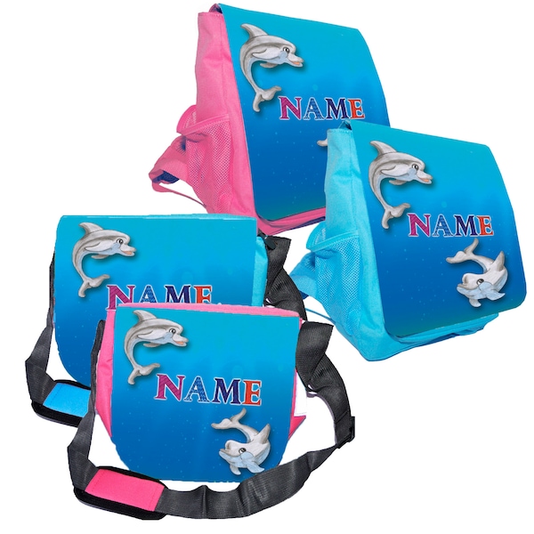 Kindergarten Rucksack oder Tasche Motiv Delfin  Name / Personalisierbar / Blau / Rosa