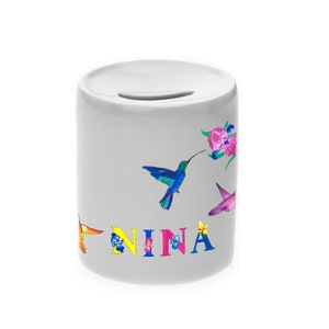 Spardose Motiv Kolibri mit Name / personalisierbar /  Blume / Vogel / Sparschwein / Sparbüchse