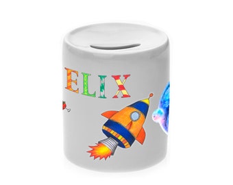 Money box motif rocket with name / customizable / money box / piggy bank / space / UFO / planet