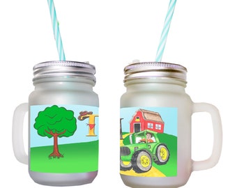 Handle glass tractor with name / Mason Jar summer glass with lid and reusable drinking straw
