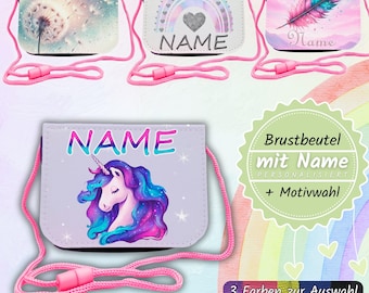 Kinder Brustbeutel mit Name / Schnur Sichtfenster Klarsichtfach/ personalisierbar / Geldbörse umhängen / Galaxy Einhorn Feder Pusteblume