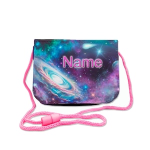 Kinder Brustbeutel mit Name / Galaxie / Klettverschluss Schnur Klarsichtfach / personalisierbar / Geldbörse zum Umhängen
