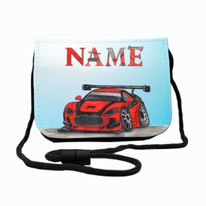 Kinder Brustbeutel mit Name / Auto / Klettverschluss Schnur Klarsichtfach / personalisierbar / Geldbörse zum Umhängen / Geldbeutel