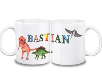 Dino cup with name made of ceramic or plastic / dinosaur / T-Rex / Stegosaurus / Stone Age