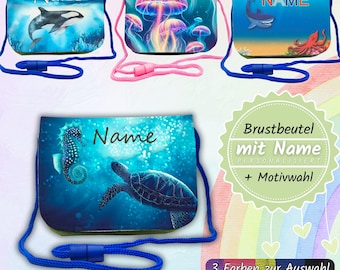 Kinder Brustbeutel mit Name / Schnur Sichtfenster Klarsichtfach/ personalisierbar / Geldbörse umhängen / Schildkröte Hai Orca Qualle