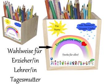 Abschiedsgeschenk Kindergarten oder Schule Holz Stiftebox mit Name / 10x10x10cm / Erzieherin, Lehrerin oder Tagesmutter mit Herz