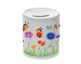 Money box motif ladybird with name / customizable / flowers / meadow / money box / piggy bank