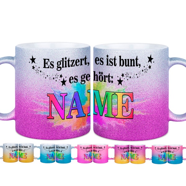 Glitzer Tasse beidseitig mit Namen / 2-farbig / 6 verschiedene Farben / Namenstasse  / Es gehört... / Glitzertasse Glitzer Blume