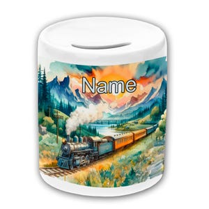 Spardose Motiv Zug mit Name / personalisierbar / Sparbüchse / Sparschwein