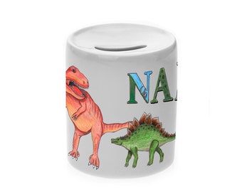 Money box motif dino with name / personalizable / money box / T-Rex / Stegosaurus / Pterosaur / volcano