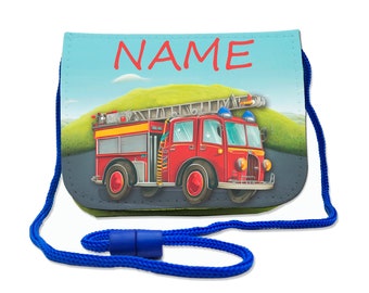 Children's chest bag with name / fire brigade / Velcro fastener cord, transparent compartment / customizable / wallet for hanging around the neck / wallet