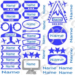 May include: A set of blue and grey printable name labels featuring various designs, including stars, aeroplanes, baseballs, mountains, and a computer. The labels are ideal for personalising school supplies, lunchboxes, or other items.