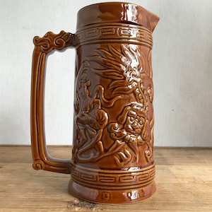 Vintage Ceramic Brown Jug,Made in China,Pitcher,Glazed Ceramic Jug,Foo Dog and Dancer,Chinoiserie,Drinks Serving,Table Decor,Circa 1960s