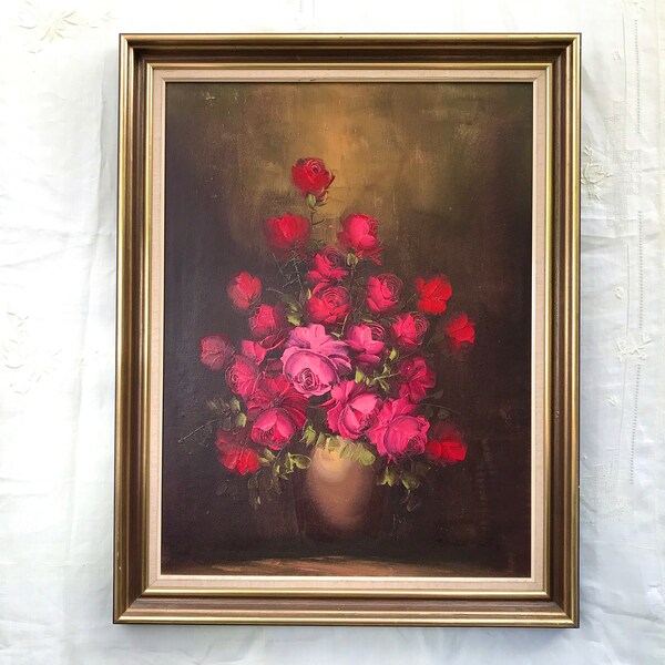 Large Vintage Oil Painting, Red Roses in a Vase, Gilded Frame, Floral Painting, Chintz Style, Romantic Decor, Still Life, Circa 1970s-80s